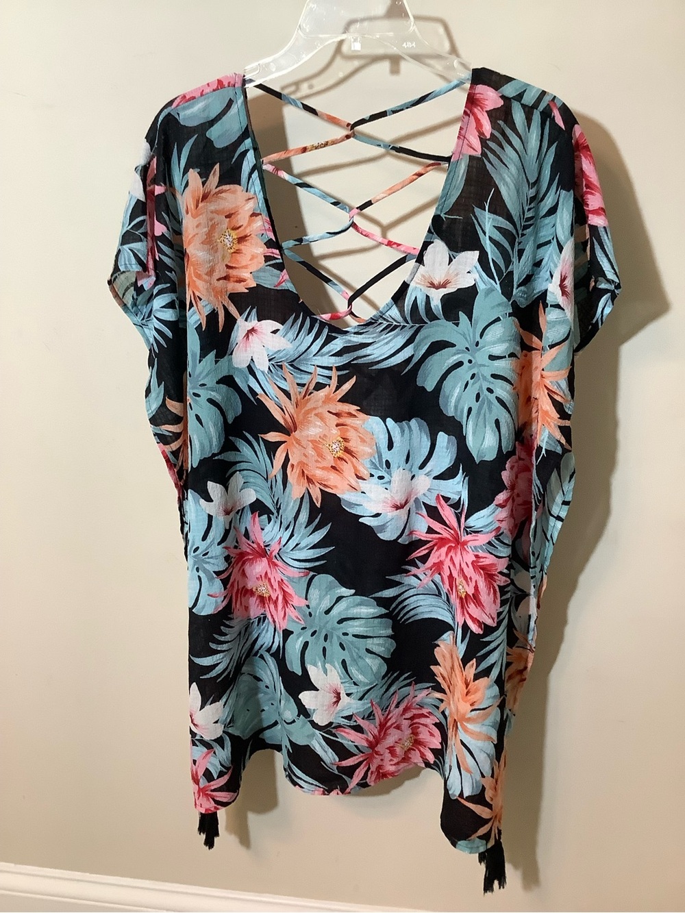 Kona Sol Black Tropical Floral Swim Cover-Up with Crisscross Back